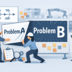Illustration vectorielle horizontale (format 16:9) dans un style éditorial inspiré du Lean management. Dans un environnement industriel stylisé avec machines en arrière-plan, deux ingénieurs retirent un grand panneau marqué « Problem A ». Derrière ce panneau apparaît un problème plus grand marqué « Problem B », mis en évidence par des lignes visuelles qui soulignent la révélation. À droite, une personne tenant un porte-document réagit avec surprise en portant la main à la bouche. Autour de la scène, des éléments d’analyse de problèmes sont visibles : tableau avec diagramme cause-effet, post-it, loupe et checklist. Palette de couleurs sobres (bleu, gris, touches d’orange) et composition claire adaptée à une bannière d’article professionnel.