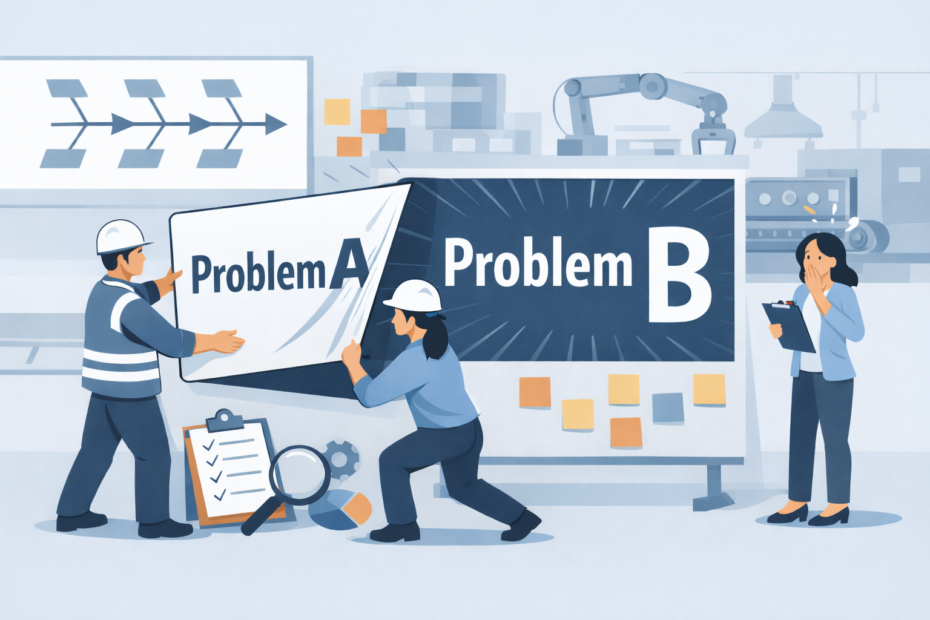 Illustration vectorielle horizontale (format 16:9) dans un style éditorial inspiré du Lean management. Dans un environnement industriel stylisé avec machines en arrière-plan, deux ingénieurs retirent un grand panneau marqué « Problem A ». Derrière ce panneau apparaît un problème plus grand marqué « Problem B », mis en évidence par des lignes visuelles qui soulignent la révélation. À droite, une personne tenant un porte-document réagit avec surprise en portant la main à la bouche. Autour de la scène, des éléments d’analyse de problèmes sont visibles : tableau avec diagramme cause-effet, post-it, loupe et checklist. Palette de couleurs sobres (bleu, gris, touches d’orange) et composition claire adaptée à une bannière d’article professionnel.