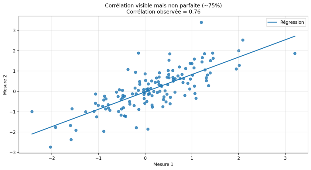 Diagramme de dispersion montrant une corrélation positive visible mais imparfaite entre deux mesures.