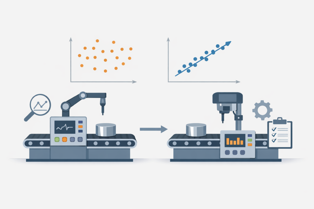 Illustration d’une ligne de production avec des stations de mesure et des diagrammes de dispersion montrant la corrélation entre des mesures pour l’analyse du processus et la détection d’anomalies.