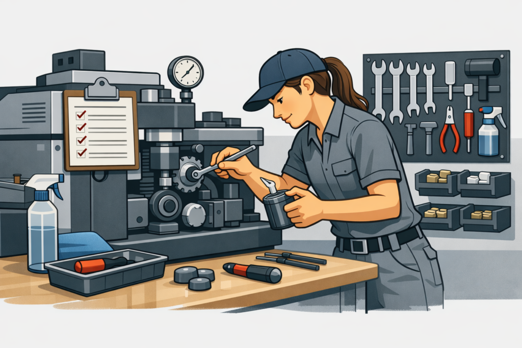 Opérateur réalisant la maintenance de premier niveau sur une machine dans un atelier propre et organisé, illustrant l’autonomie et l’amélioration continue en production.